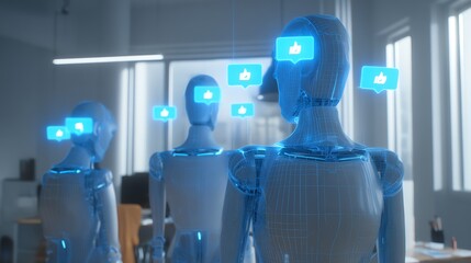 Futuristic robots with social media icons in office setting