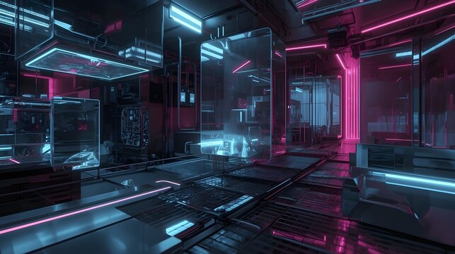Cyber Abstract Background with Holographic Panels – Neon Cyan-Magenta Lights, Semi-Transparent Metallic Grids, Futuristic Sci-Fi Tech Interface, Cinematic Lighting