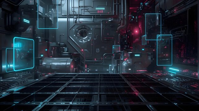 Cyber Abstract Background with Holographic Panels – Neon Cyan-Magenta Lights, Semi-Transparent Metallic Grids, Futuristic Sci-Fi Tech Interface, Cinematic Lighting