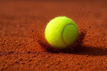 Tennis ball bouncing on clay court with dust