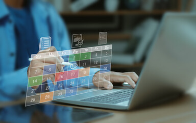 scheduling. concept, Time management, Calendar on virtual screen interface, and task planning for productivity, project management, deadline tracking, and efficient organization of daily activities.