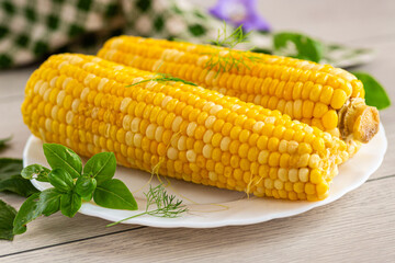 Hot corn cobs with greens fresh homemade side dish