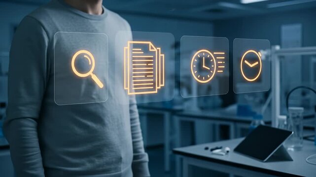 Digital Data Management: A man uses a futuristic interface to optimize research documents and time efficiency in a modern laboratory.