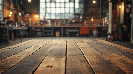 A rustic wooden table top, showcasing a blurred industrial-style interior, sets a warm and inviting atmosphere.
