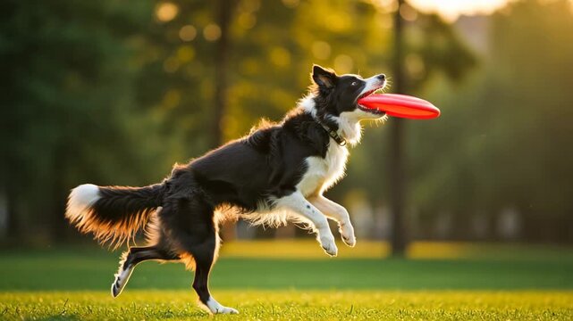 Border Collie leaping high into the air to catch a bright red frisbee, athletic posture, motion blur emphasizing speed, vibrant green park setting, warm golden sunlight
