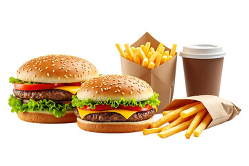  two delicious hamburgers with cheese, lettuce, and tomato, served with french fries and a coffee cup, isolated on transparent background