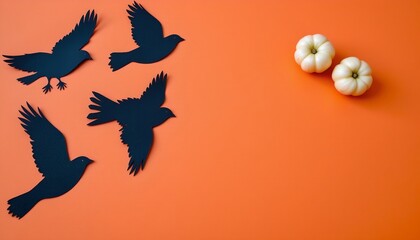 Fototapeta premium The image is set against a vivid orange background. In the upper right corner, two small, white gourds are placed