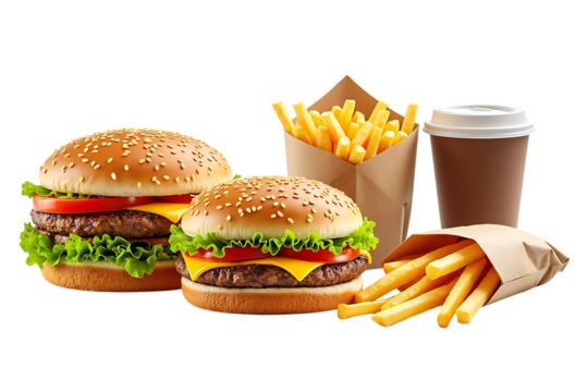 two delicious hamburgers with cheese, lettuce, and tomato, served with french fries and a coffee cup, isolated on transparent background - Powered by Adobe