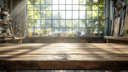 A rustic wooden table in a bright workshop setting, bathed in warm sunlight.
