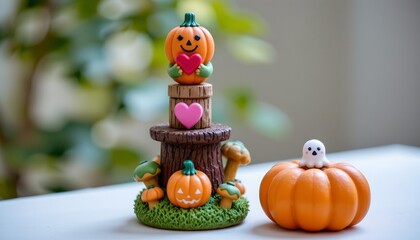 The image features several small autumnal decorative figures arranged on a flat surface