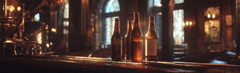 Dimly lit pub interior with beer bottles on bar