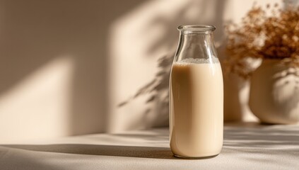 Light-filled close-up of a glass milk bottle