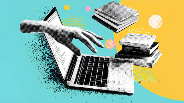 Trendy Halftone Collage Online education concept. Computer laptop with hand and floating books. News course, webinar. Smart thinking and brainstorming. Contemporary vector art illustration Stock