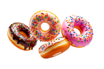  assortment of colorful donuts with sprinkles isolated on transparent background