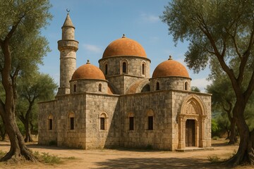 Fototapeta premium Stone mosque with orange domes and minaret among olive trees