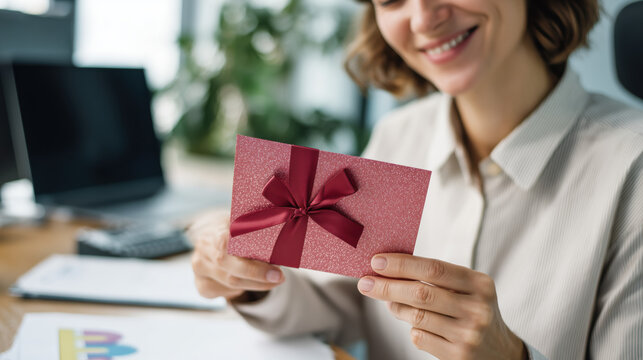 Excited woman holds a sparkling gift card in a modern office setting during a sunny afternoon