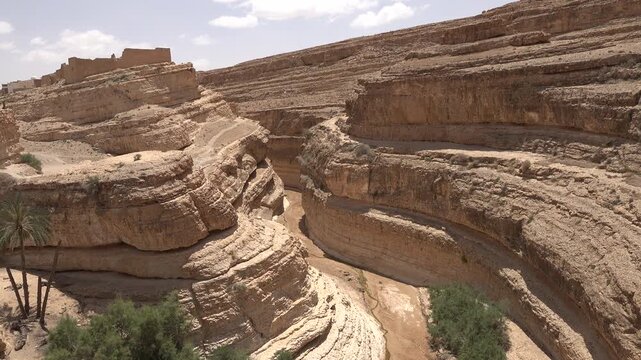 Panoramic view of beautiful Mides canyon, rugged mountain scenery in Tunisia near border with Algeria

