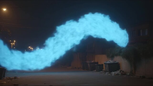 1 Glowing graffiti of blue energy adorns brick walls in a dimly lit urban alley with scattered litter distant traffic sounds overflowing dumpsters and flickering street lamps over