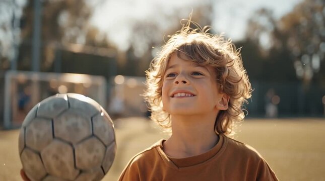 Young boy smiles while holding a soccer ball on the field during a sunny afternoon practice session - Powered by Adobe