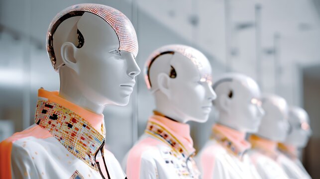 Futuristic mannequins with illuminated heads in display
