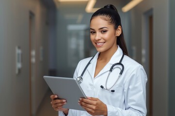 Smiling Female Doctor Holding a Digital Tablet in a Hospital Corridor