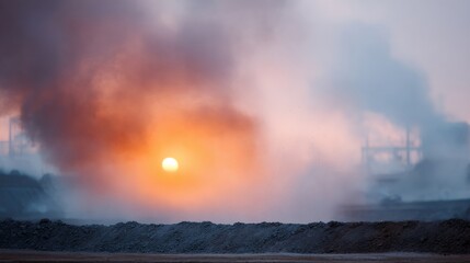 Fire is burning in the background and the sun is setting