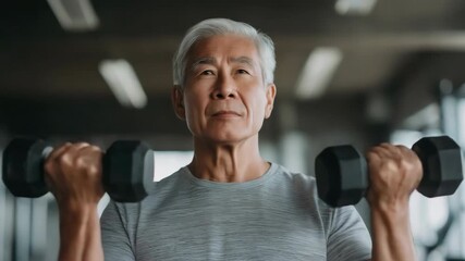 Elderly asian male exercising with dumbbells in gym environment - Powered by Adobe
