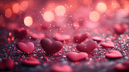 Obraz premium Red hearts sparkle on a bed of glitter, creating a romantic Valentine's Background