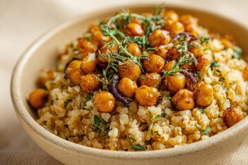 Cooked Bulgur with Roasted Chickpeas and Herbs in Ceramic Bowl