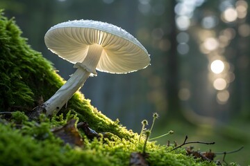 Glowing Ghostly Mushroom Amidst Forest Moss at Dusk