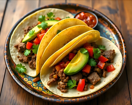 Top view of tacos with beef, avocado, and salsa on rustic plate