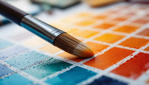Brush applying vivid colors on creative design swatch palette chart