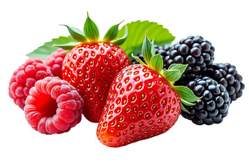 assortment of fresh strawberries, raspberries, and blackberries, isolated on transparent background