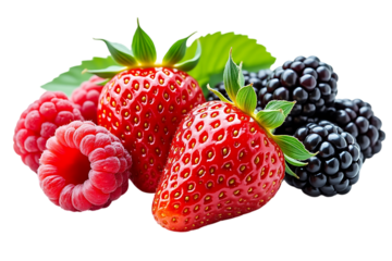  assortment of fresh strawberries, raspberries, and blackberries, isolated on transparent background