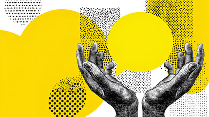 Trendy Halftone Collage with Hands holding two yellow speech bubble messages. Social media communication. Empty space for quote, plan and idea. Dots element. Contemporary vector illustration art Stock