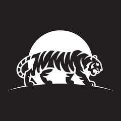 A Powerful Silhouette of a Walking Tiger in Front of a Full Moon or Sun. Vector Illustration.