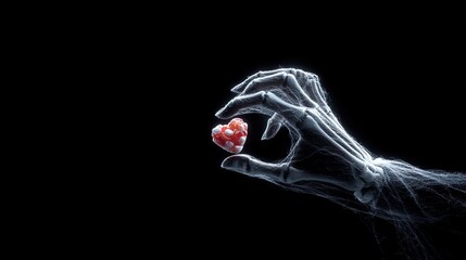 Naklejka premium Skeleton Hand Holding a Heart on Dark Background