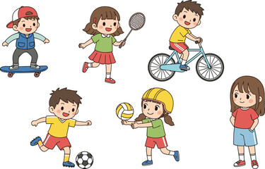 PrintChildren playing various outdoor sports and activities including cycling, soccer, badminton, volleyball, skateboarding, running, promoting healthy active lifestyle fun