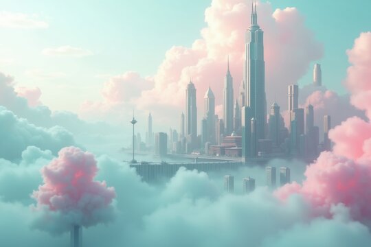 A futuristic city rises majestically amidst soft pink clouds