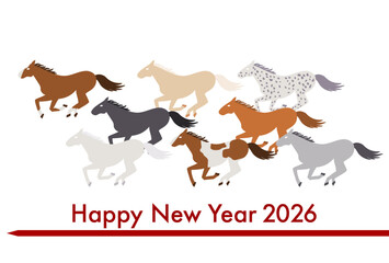 いろいろな種類の走る馬の2026年（午年）年賀状イラスト