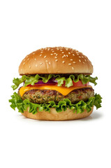 &ldquo;Isolated Vegan Burger with Green Pea Protein Patty, Vegan Cheese, Lettuce, Tomato, and Onion