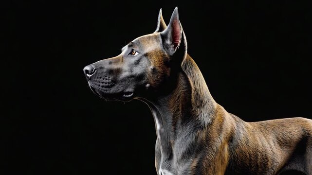 Cane Corso with cropped ears, standing proudly in a dramatic lighting setup, deep shadows highlighting muscular physique, confident and powerful expression
