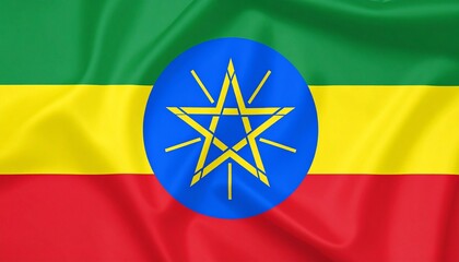 Flag of Ethiopia with green-yellow-red horizontal stripes and central blue circle with yellow star—symbolizing land, peace, strength, unity, and diversity.
