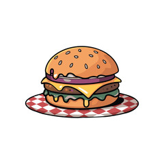 A delicious cartoon cheeseburger on a checkered plate. A classic fast food meal. Vector Illustration.