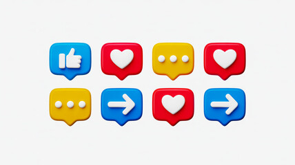 3D render, eight social media icons, 2x4 grid, white background