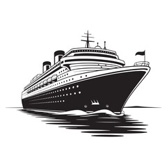 Obraz premium A large cruise ship sailing on the ocean waves. A retro, black and white engraved style. Vector Illustration.