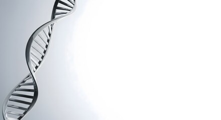 Clean medical and science background with a reflective 3D DNA helix on a white gradient surface with copy space