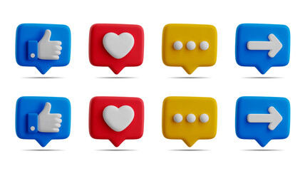 3D render, eight social media icons, 2x4 grid, white background