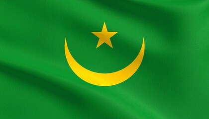 Mauritania’s green flag with yellow crescent and five-pointed star, symbolizing Islam, desert sands, and national identity.