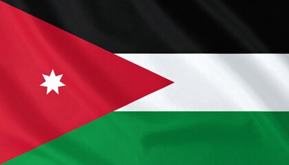 Jordan’s flag with black, white, and green horizontal stripes and red chevron containing a white seven-pointed star, symbolizing Arab unity, dynastic heritage, and Islamic values.
